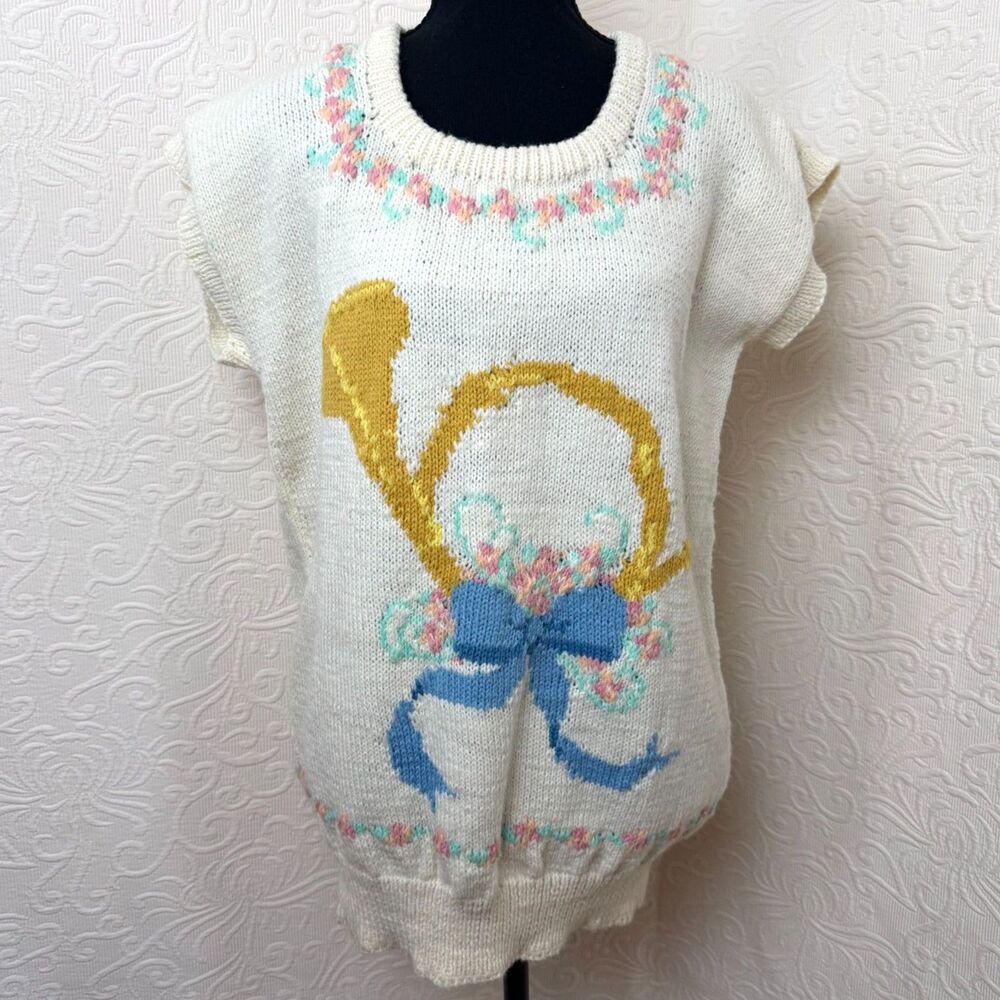 VTG Hand Knit Cottagecore French Horn Floral Bow Sweater Vest Cream Novelty
